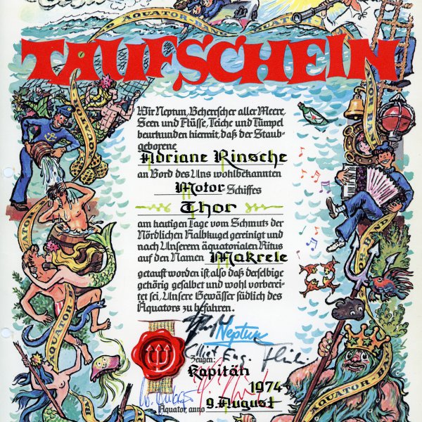 Taufschein — Äquatortaufe auf dem Frachtschiff Thor
