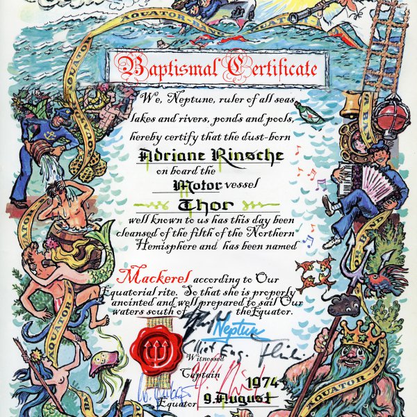 Baptismal Certificate — Equator crossing on the freighter Thor
